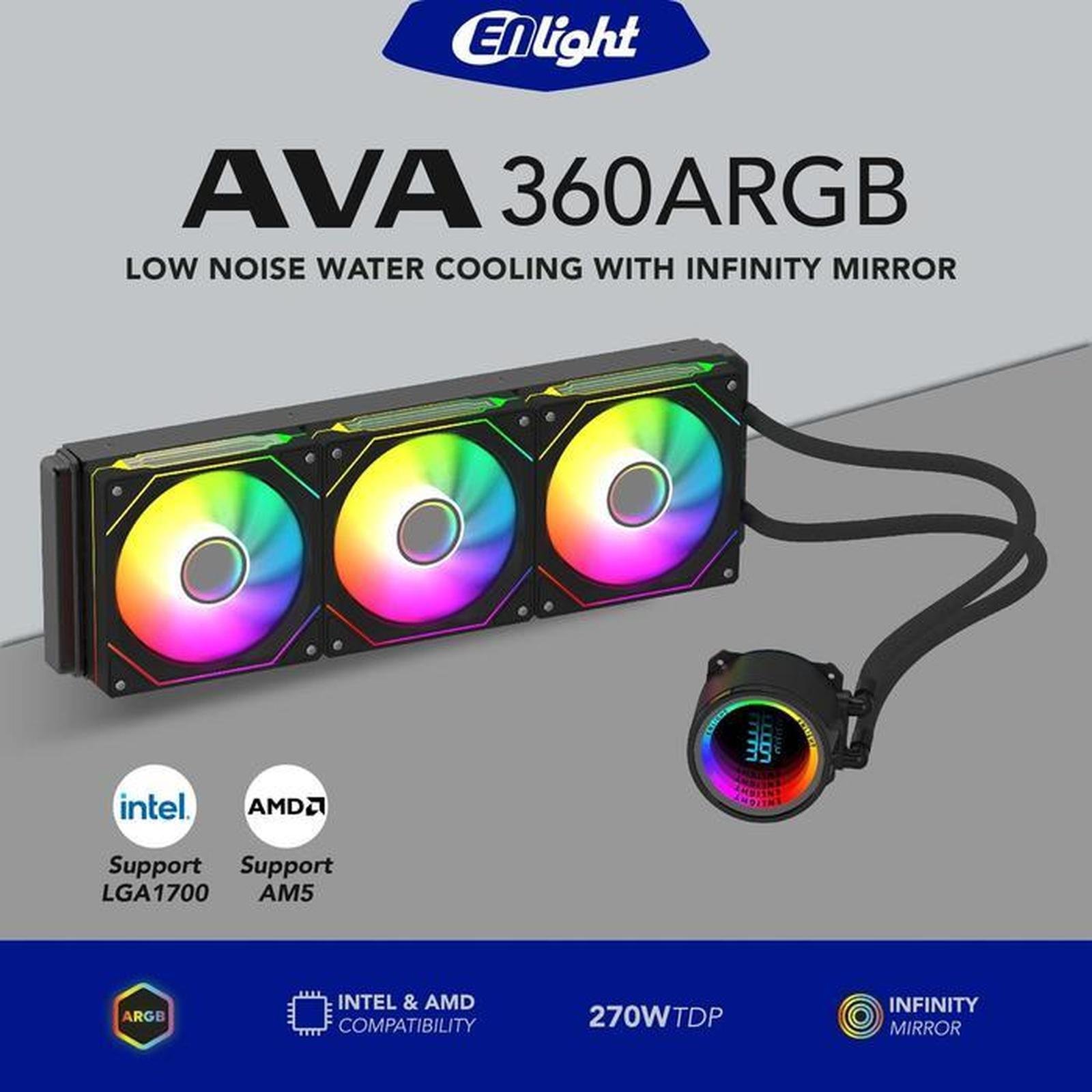 Enlight AVA 360 AIO ARGB CPU Liquid Cooler 360mm All in One Support Intel LGA / Black