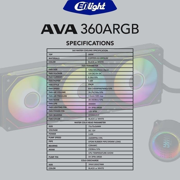 Enlight AVA 360 AIO ARGB CPU Liquid Cooler 360mm All in One Support Intel LGA / Black - Gambar 2