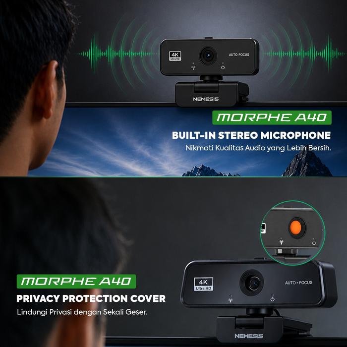NYK NEMESIS Webcam Morphe A40 4K Ultra HD Webcam with Auto Focus and Privacy Protection - Gambar 4