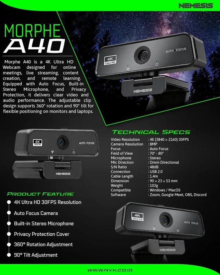 NYK NEMESIS Webcam Morphe A40 4K Ultra HD Webcam with Auto Focus and Privacy Protection - Gambar 2